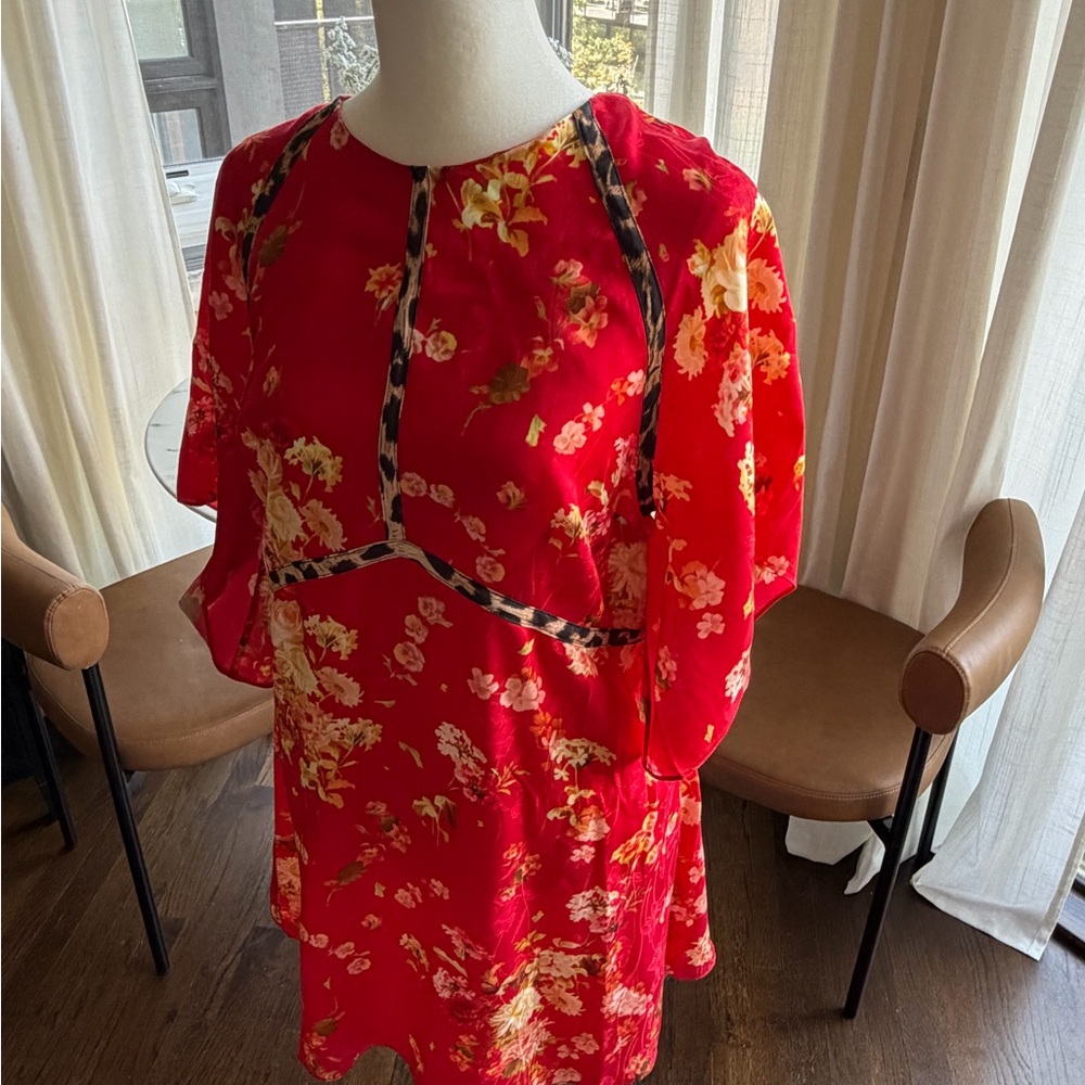 All Saints Red Floral Dress with Leopard-Trim Accents